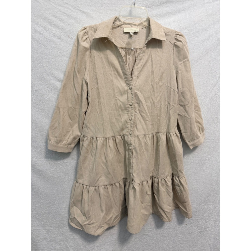 Pinch Tan Corduroy Tiered Mini Dress Long Sleeve Button Down Beige Small 5047D